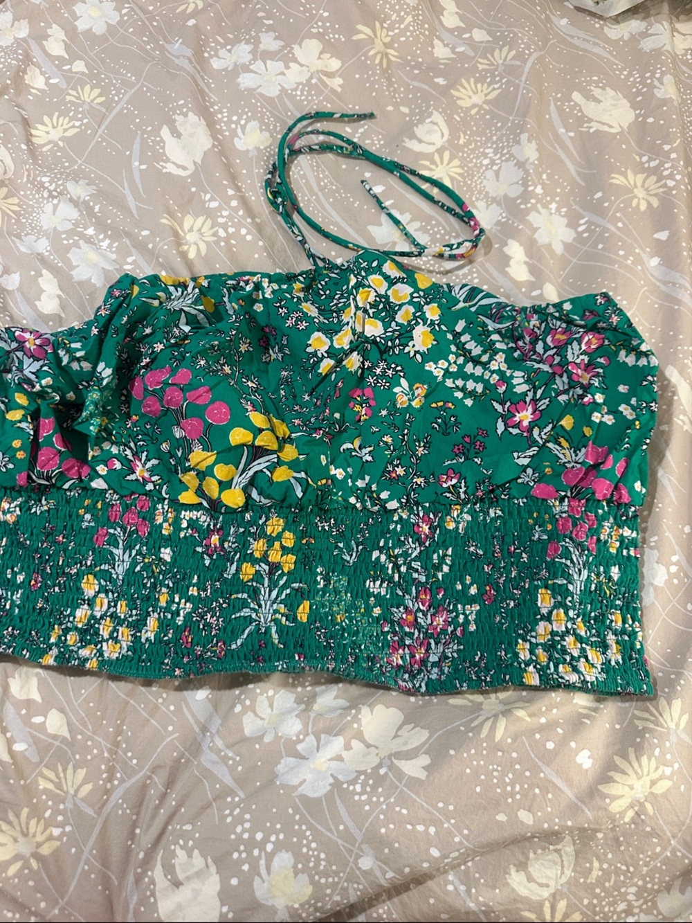 Maeve Green Floral Halter Smocked Crop Top